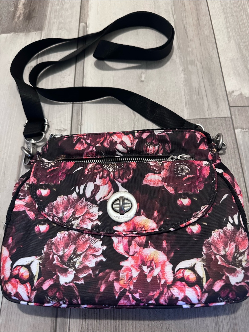 Baggallini Black Crossbody with Pink Floral Print